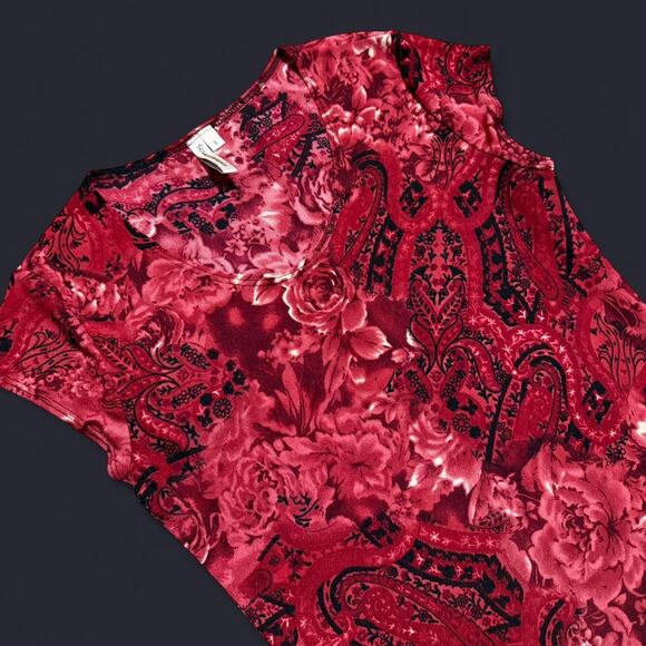 VTG Y2K Susan Lawrence Red & Black Floral Paisley Romantic Slinky Vampy Top S - Picture 7 of 8